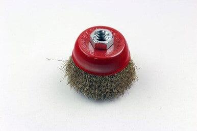 75mm brass wire cup brush with red cap and threaded hole for power tool attachment