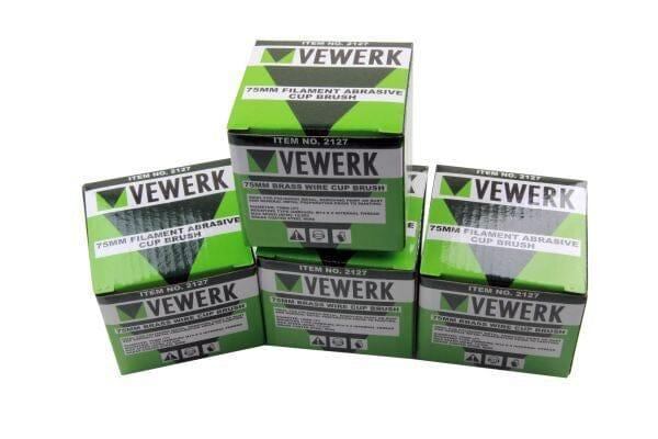 Stack of five Vewerk 75mm brass wire cup brush boxes with green and black packaging.