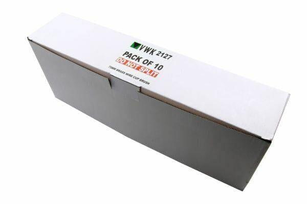 White box labeled VWK 2127, containing 10 brass wire cup brushes, 75mm pack.
