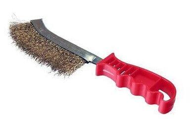Brass wire hand brush with contoured red plastic handle for cleaning and rust removal