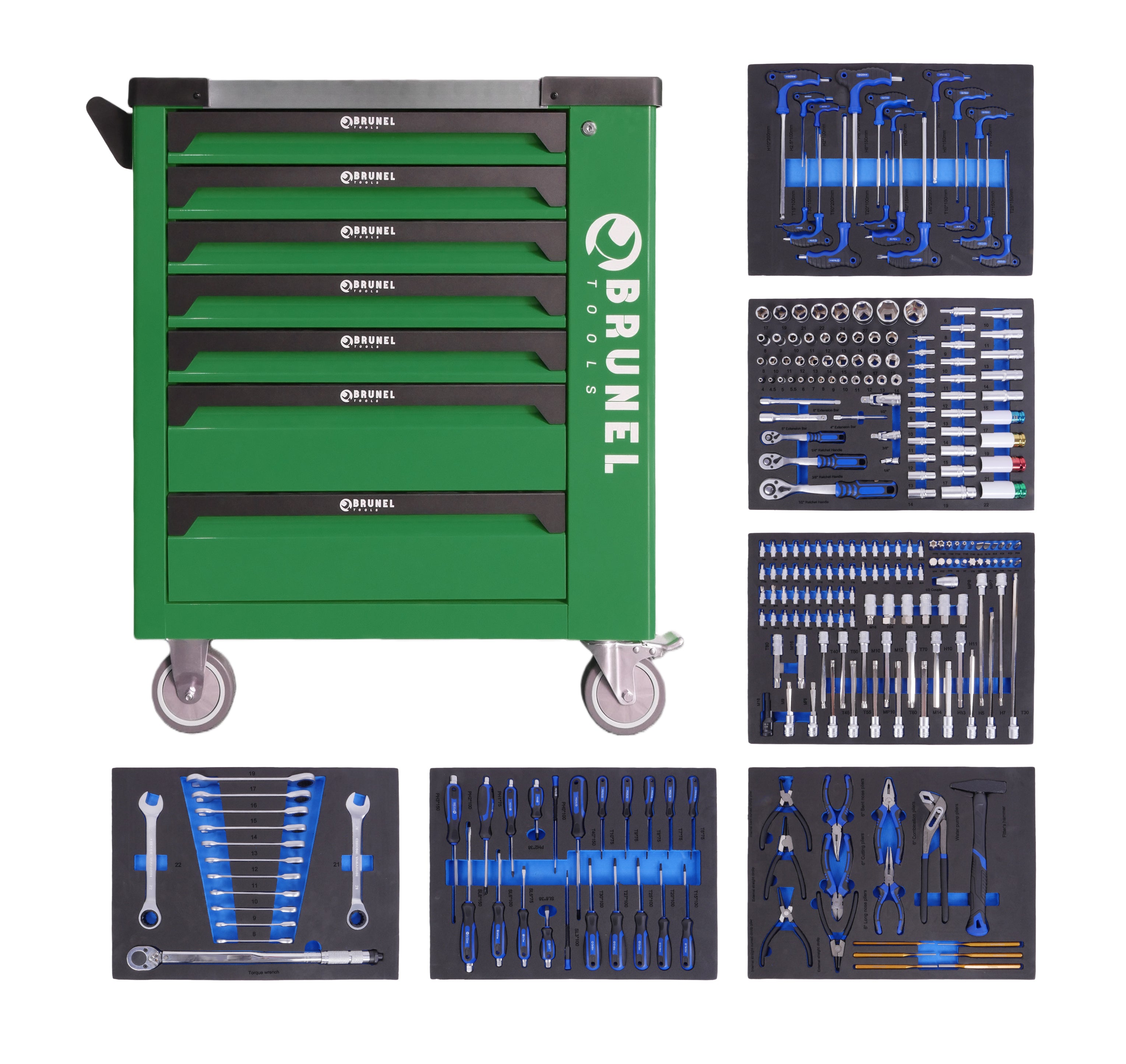 BRUNEL Tools 7 Drawer Caster Mounted Roller Tool Chest Cabinet with 6 Fully Stocked Drawers - 249 Pieces - Green