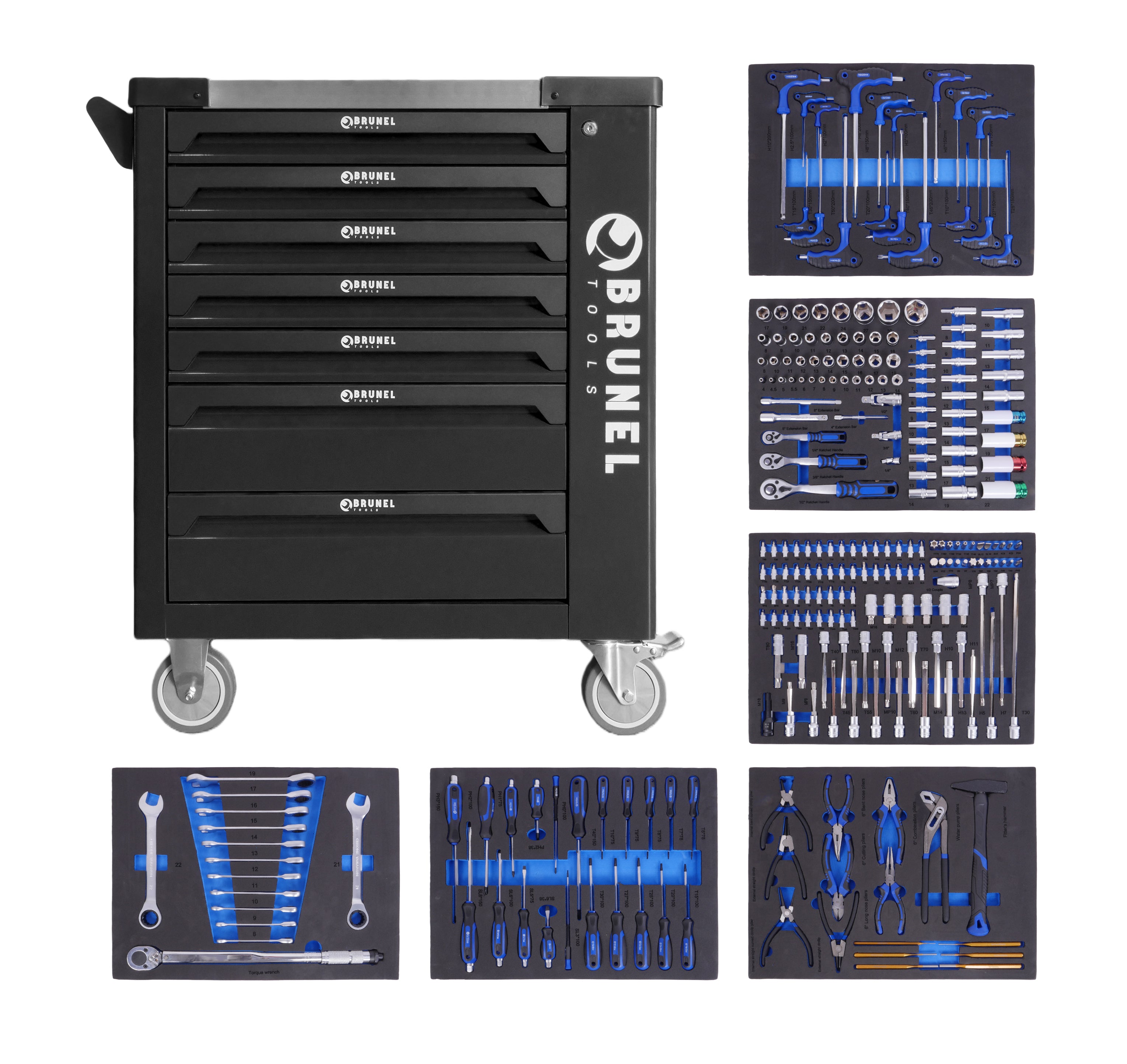 BRUNEL Tools 7 Drawer Caster Mounted Roller Tool Chest Cabinet with 6 Fully Stocked Drawers - 249 Pieces - Black