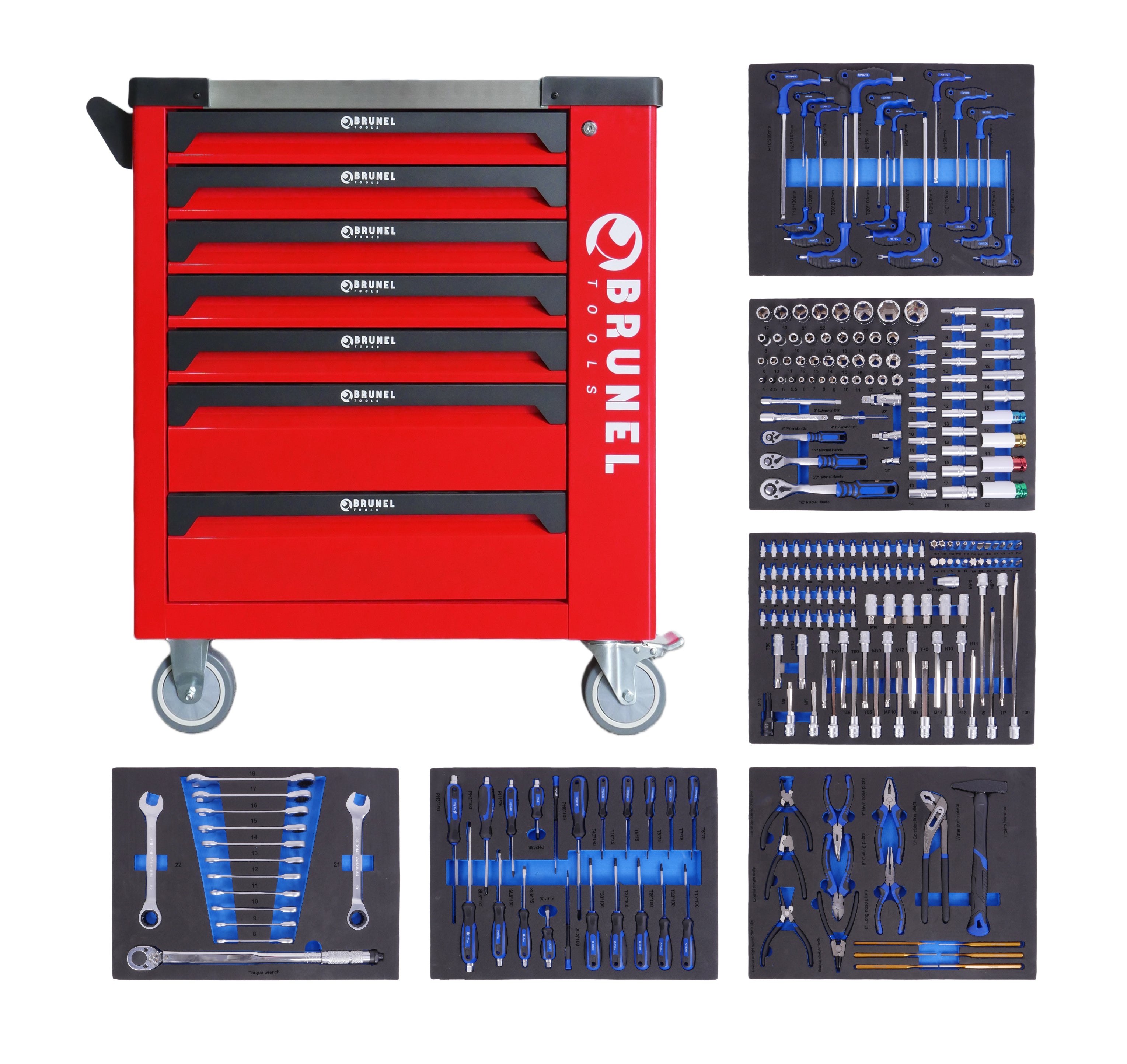 BRUNEL Tool 7 Drawer Caster Mounted Roller Tool Chest Cabinet with 6 Fully Stocked Drawers - 249 Pieces - Red