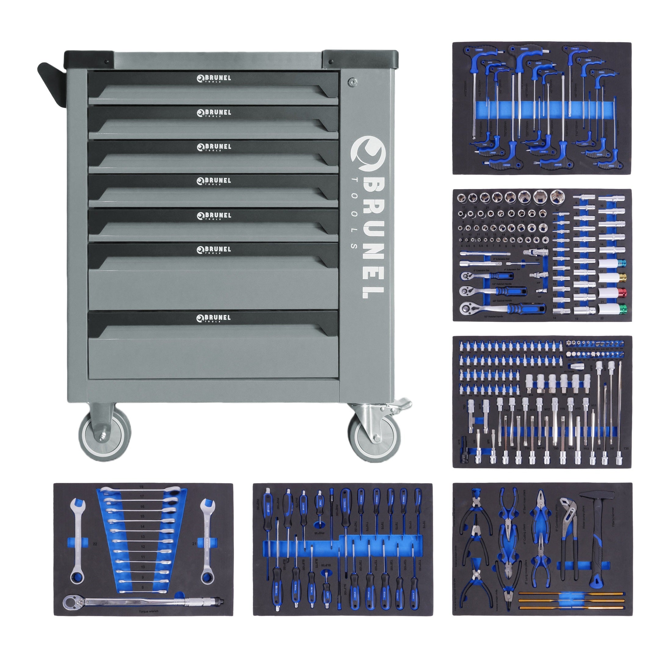 BRUNEL Tools 7 Drawer Caster Mounted Roller Tool Chest Cabinet with 6 Fully Stocked Drawers - 249 Pieces - Grey
