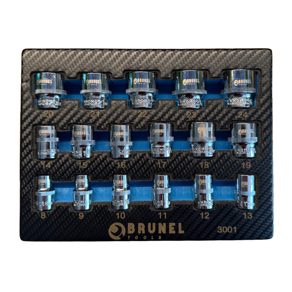 BRUNEL Tools 17pc 3/8 DR Shallow Sockets Set 6 Point 8-24mm EVA Tray BR3001