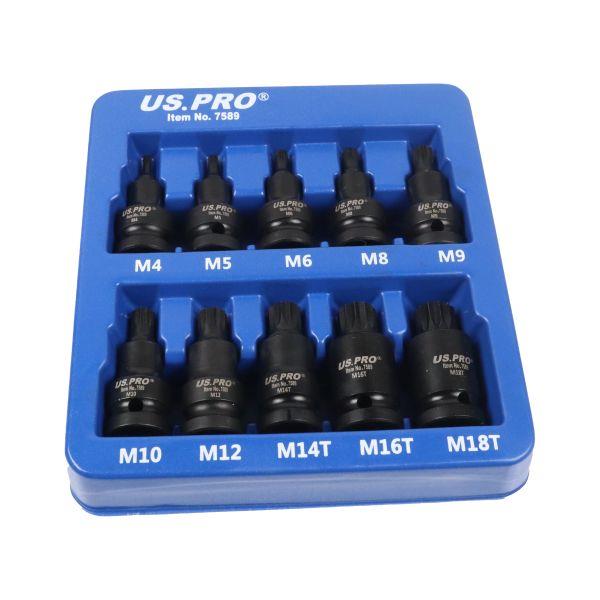 US PRO Tools 10pc 1/2" Drive Impact Spline Bit Socket Set M4-M18 Tamper 7589