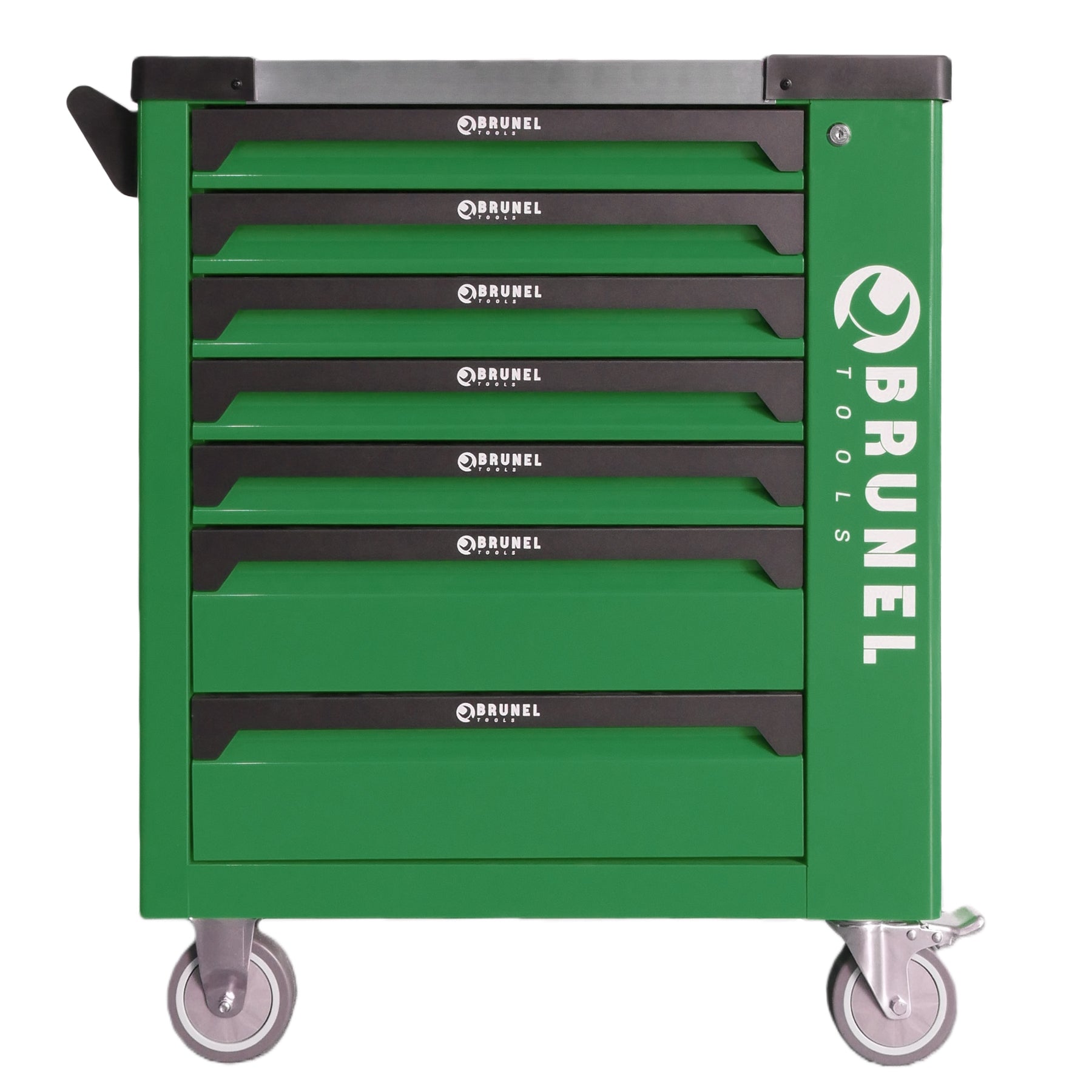 BRUNEL Tools 7 Drawer Caster Mounted Roller Tool Chest Cabinet with 6 Fully Stocked Drawers - 249 Pieces - Green
