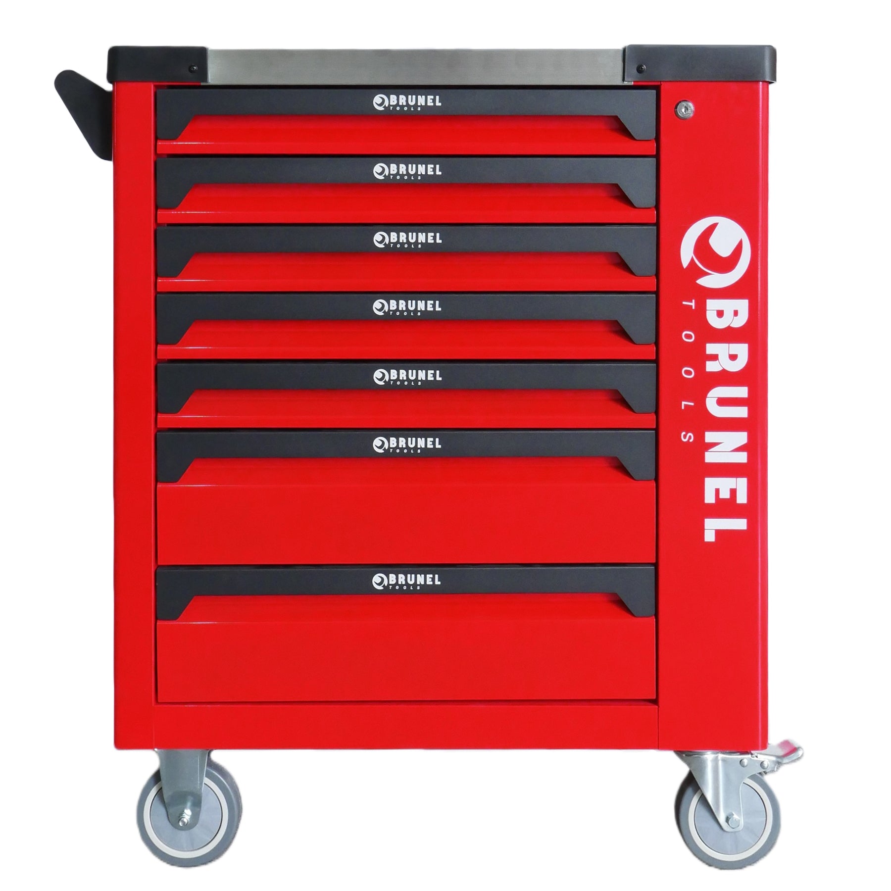 BRUNEL Tool 7 Drawer Caster Mounted Roller Tool Chest Cabinet with 6 Fully Stocked Drawers - 249 Pieces - Red