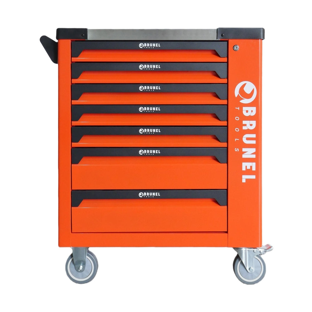BRUNEL Tool 7 Drawer Caster Mounted Roller Tool Chest Cabinet with 6 Fully Stocked Drawers - 249 Pieces - Orange