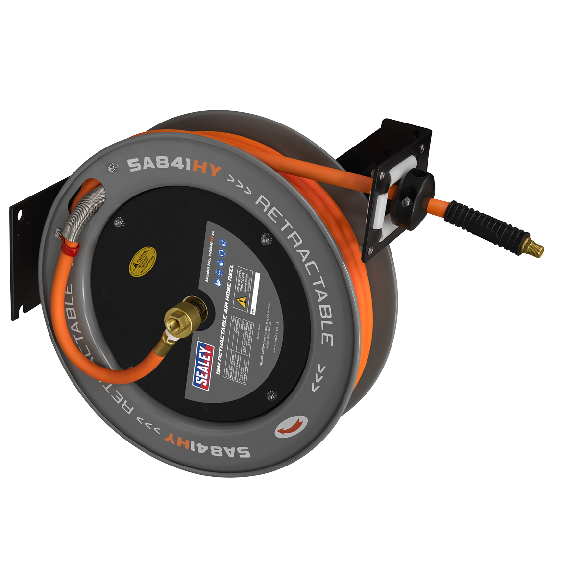 Sealey 15m Retractable High-Visibility Hybrid Air Hose with Steel Reel 10mm ID SA841HY