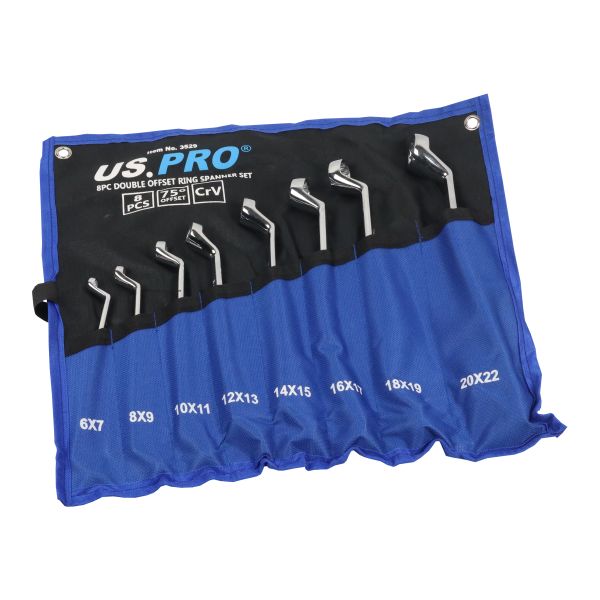 US PRO Tools 8 Piece Double Offset Ring Spanner Wrench Set 6-22MM 75DEG 3529