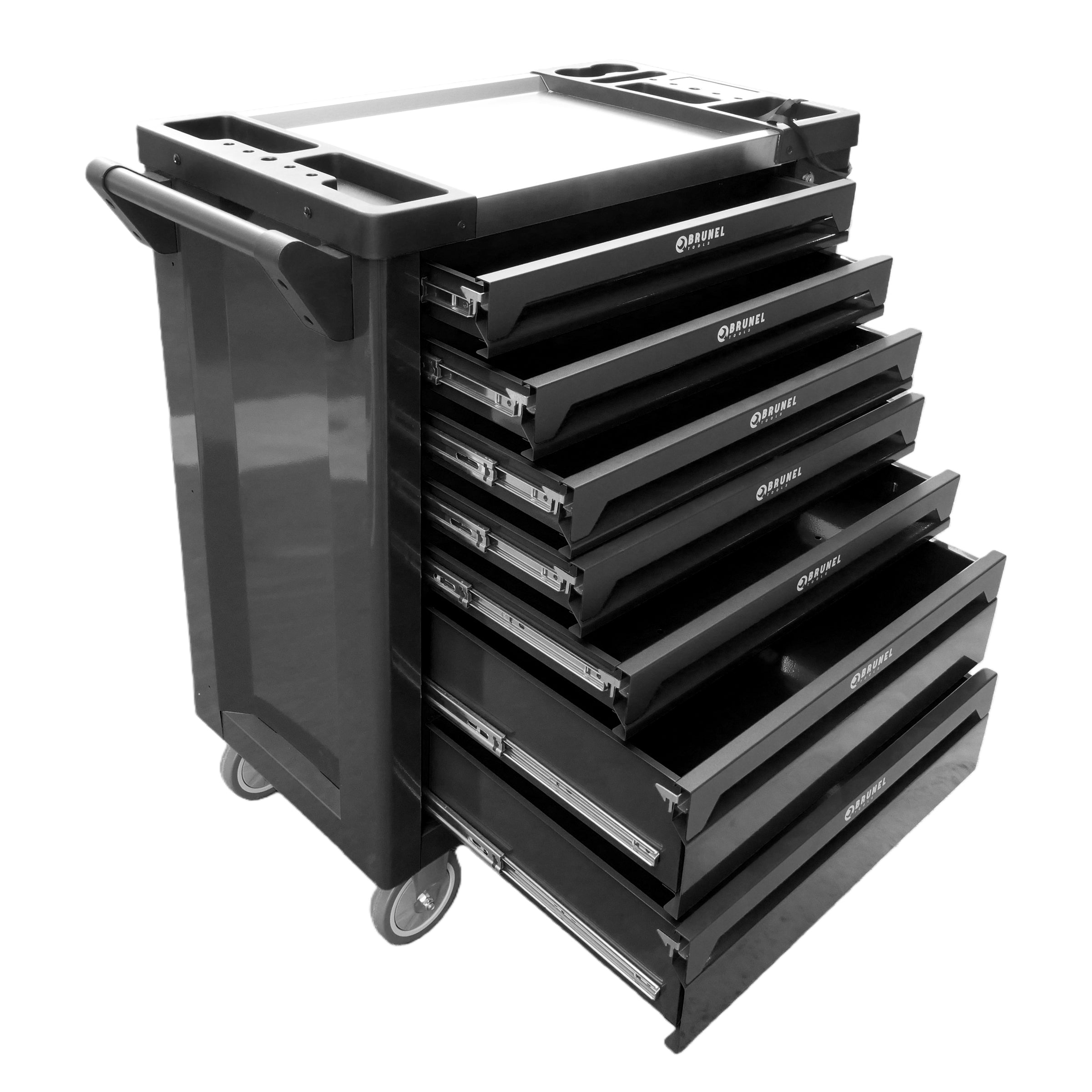 BRUNEL Tools 7 Drawer Caster Mounted Roller Tool Chest Cabinet with 6 Fully Stocked Drawers - 249 Pieces - Black