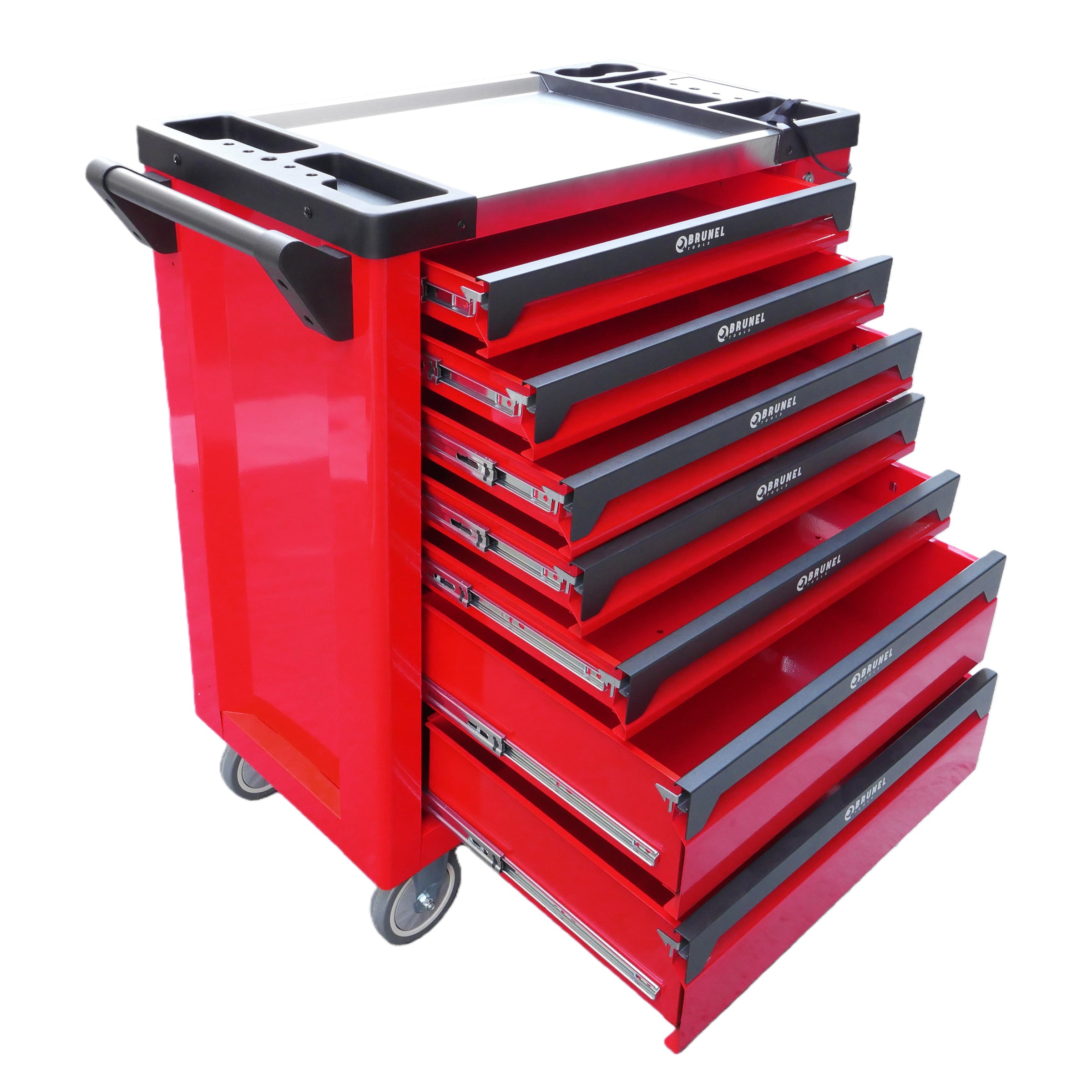 BRUNEL Tool 7 Drawer Caster Mounted Roller Tool Chest Cabinet with 6 Fully Stocked Drawers - 249 Pieces - Red