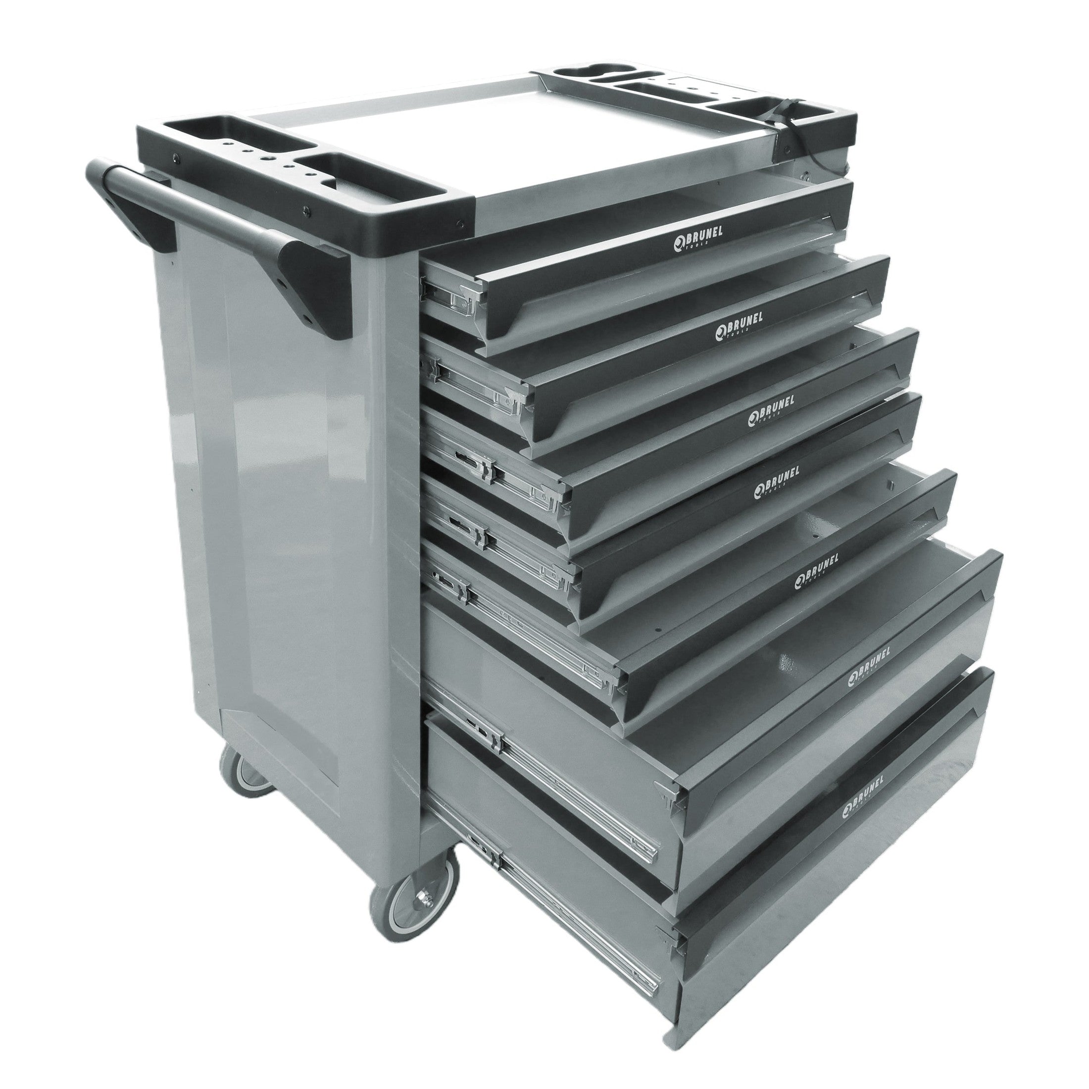 BRUNEL Tools 7 Drawer Caster Mounted Roller Tool Chest Cabinet with 6 Fully Stocked Drawers - 249 Pieces - Grey