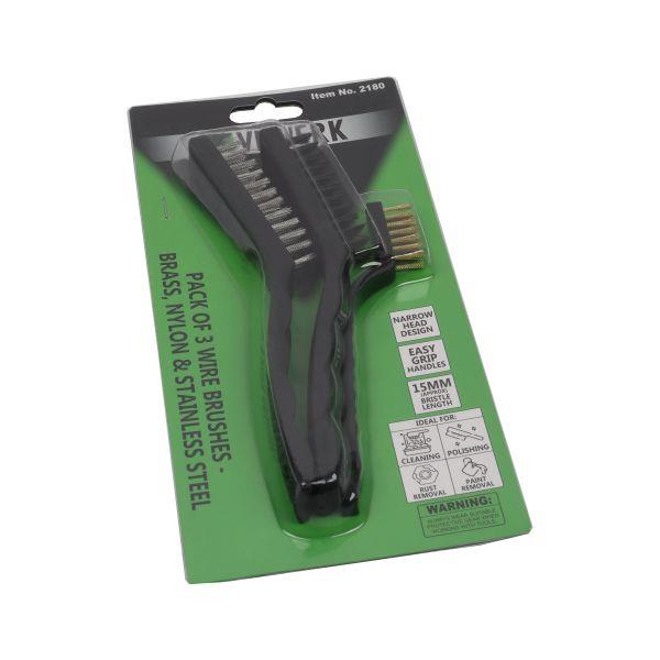 VEWERK 3pc Wire Brush Set Brass Nylon Stainless Steel Cleaning Set 2180