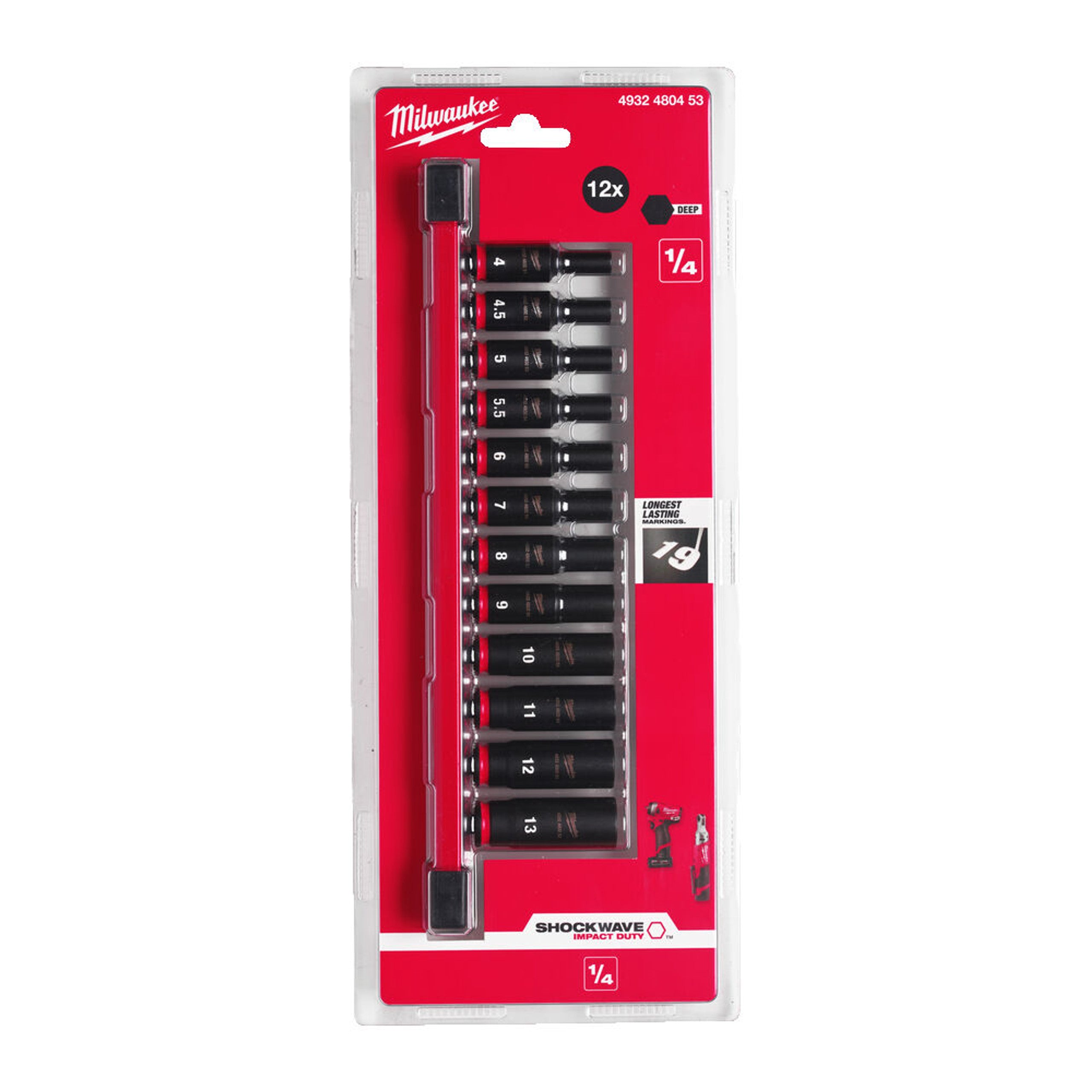 Milwaukee 12 Piece 1/4" Drive ShockWave Impact Duty Impact Socket Rail Set 4 - 13mm 4932480453