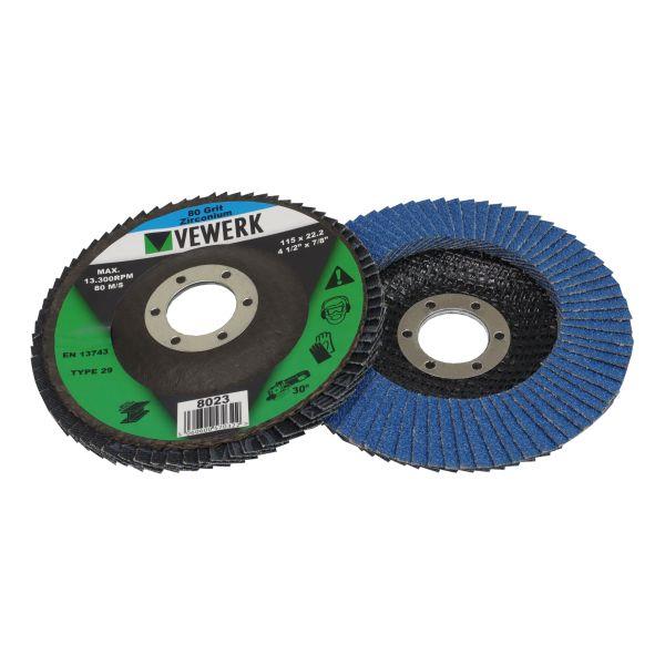VEWERK 10pc Zirconium Flap Disc Pack 80 Grit Type 29 115 x 22.2mm 8023