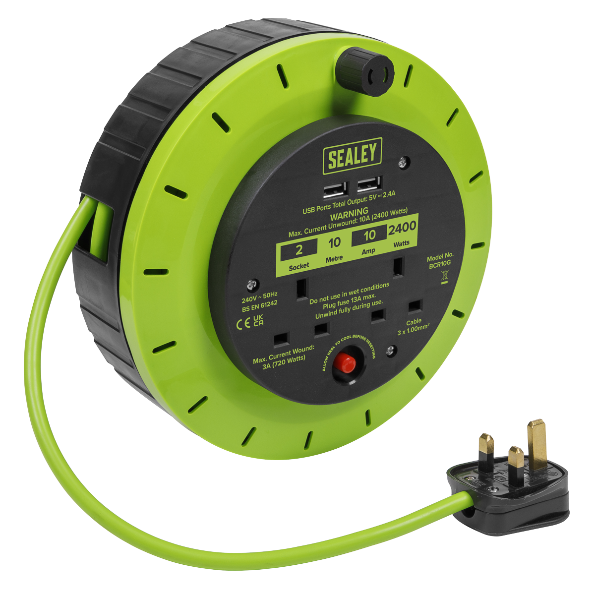 Sealey 10m Cassette Type Cable Reel with Thermal Trip 2 x 230V & 2 x USB - Hi-Vis Green BCR10G