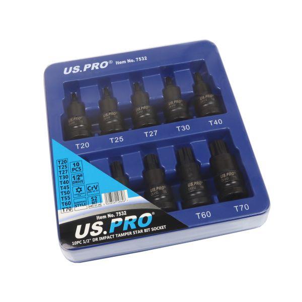 US PRO Tools 10pc 1/2" DR Impact Tamper Star Torx Bit Socket Set T20 - T70 7532