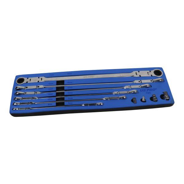 US PRO Tools 8mm to 19mm Double Jointed Flex Head Long Reach Ratchet Spanner Set 7585