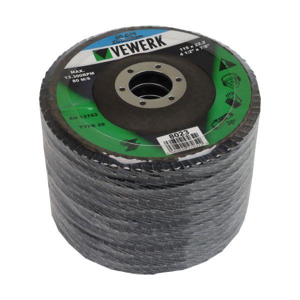 VEWERK 10pc Zirconium Flap Disc Pack 80 Grit Type 29 115 x 22.2mm 8023