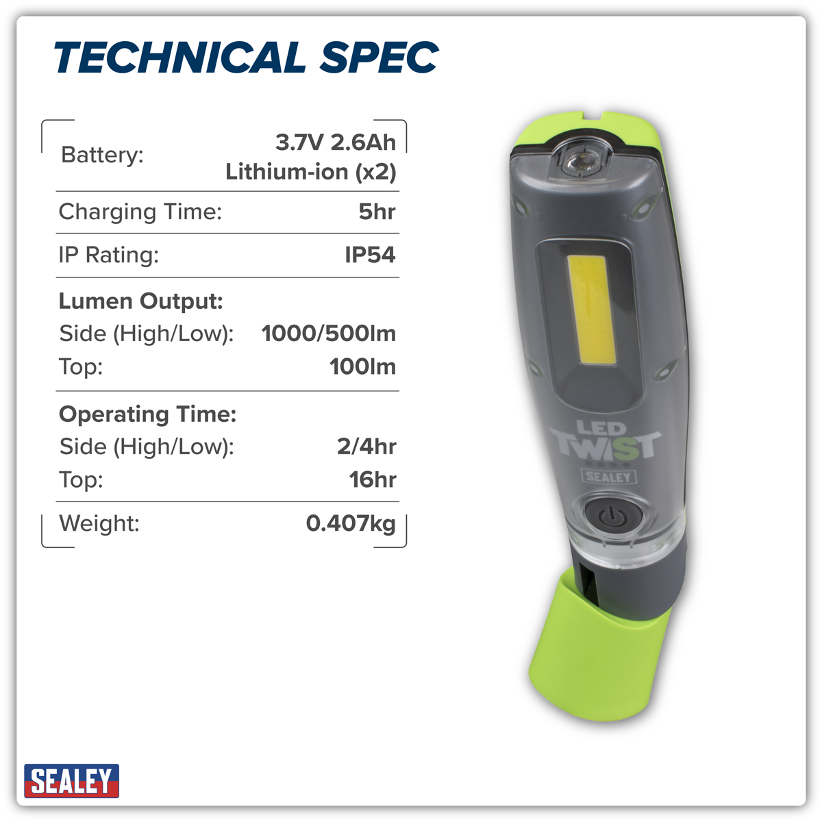 Sealey LED Twist® Rechargeable Inspection Light 8W COB & 1W SMD LED1001G