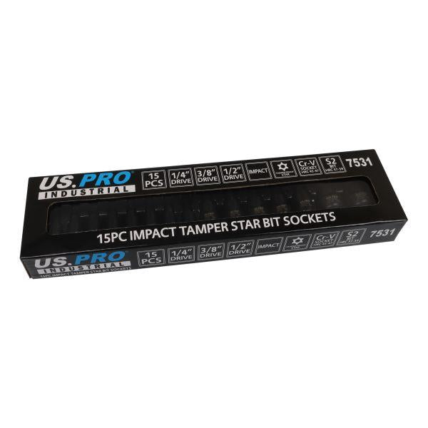 US PRO INDUSTRIAL 15pc Impact Tamper Star Torx Bit Sockets - 1/4" 3/8" 1/2" Drives T6 - T70 7531