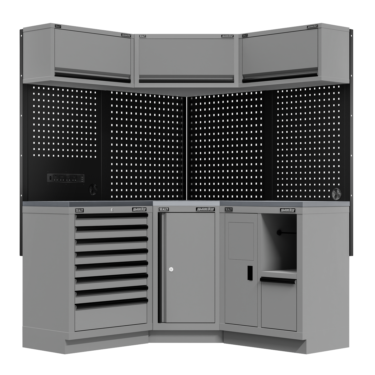 Sealey Superline PRO® Black Edition Modular Corner Storage System with Stainless Steel Worktop 1.54m APMSBESTACK06SS