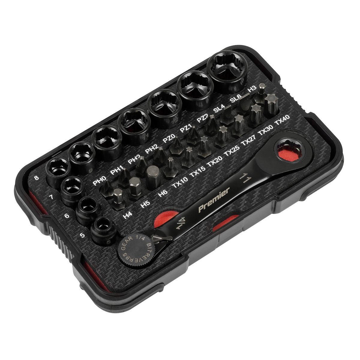 Sealey Premier Black Go-Through Lock-On™ Low Profile Socket & Bit Set 1/4"Sq Drive 31pc AK2112