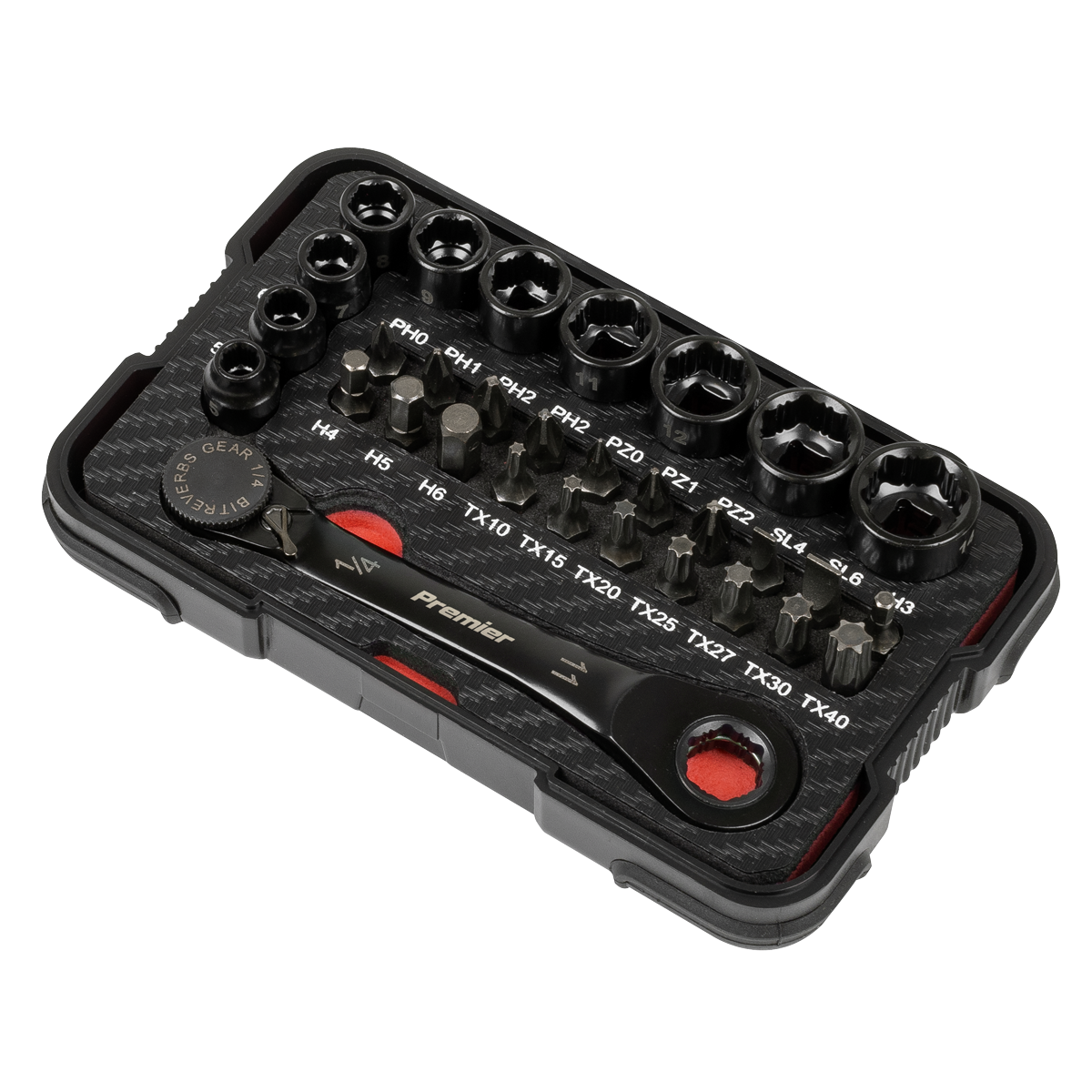 Sealey Premier Black Go-Through Lock-On™ Low Profile Socket & Bit Set 1/4"Sq Drive 31pc AK2112