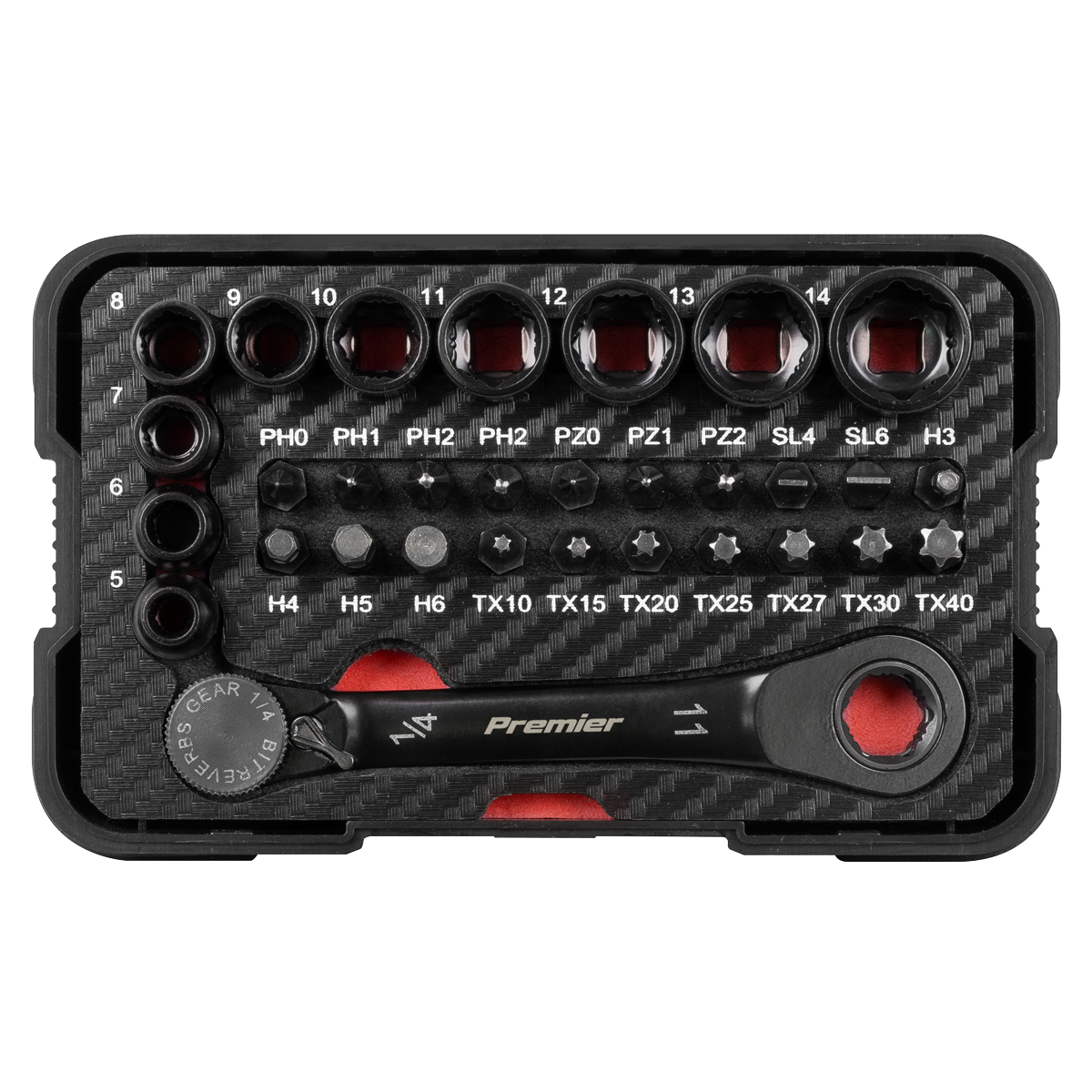 Sealey Premier Black Go-Through Lock-On™ Low Profile Socket & Bit Set 1/4"Sq Drive 31pc AK2112