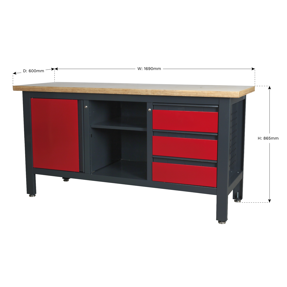 Sealey Workbench with 3 Drawers, 1 Cupboard & Open Storage AP1905B