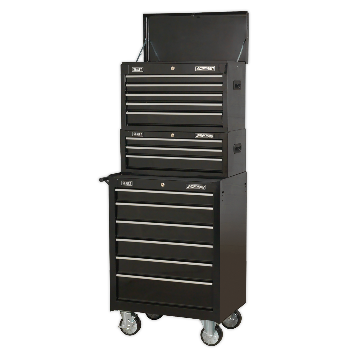 Sealey American PRO® Topchest, Mid-Box Tool Chest & Rollcab Stack 14 Drawer - Black AP22BSTACK