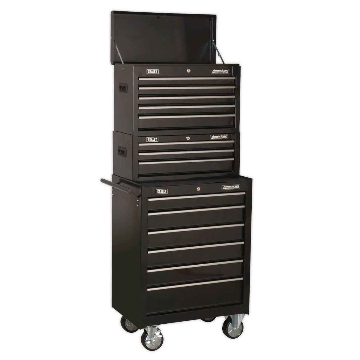 Sealey American PRO® Topchest, Mid-Box Tool Chest & Rollcab Stack 14 Drawer - Black AP22BSTACK