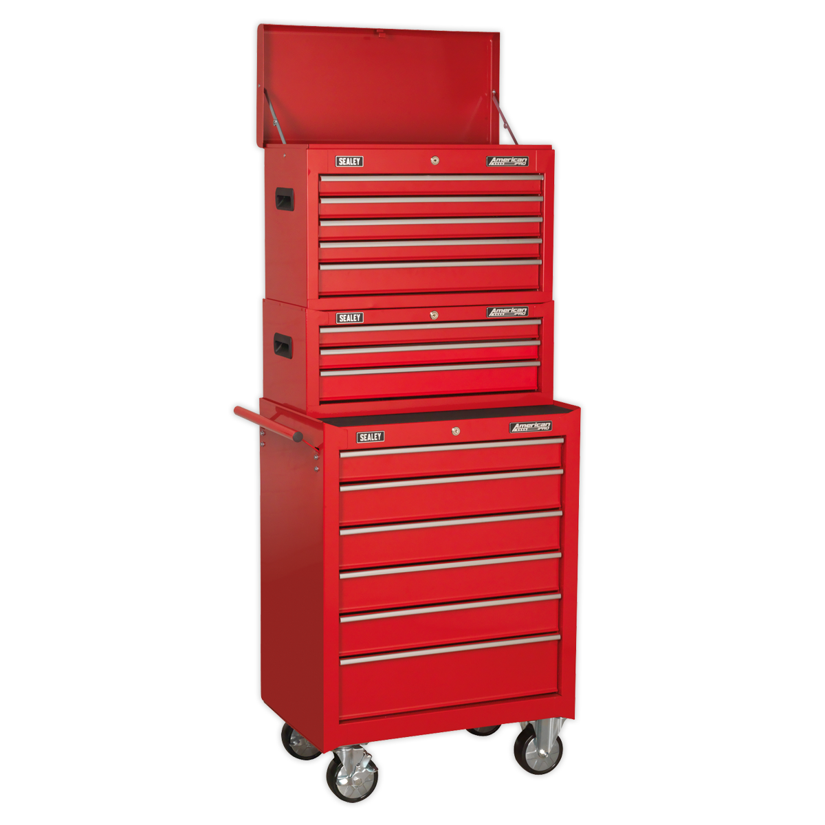 Sealey American PRO® Topchest, Mid-Box Tool Chest & Rollcab Stack 14 Drawer - Red AP22STACK