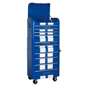 Sealey Premier™ Retro Style Topchest, Mid-Box Tool Chest & Rollcab Combination 10 Drawer - Blue with White Stripes AP28COMBO2BWS