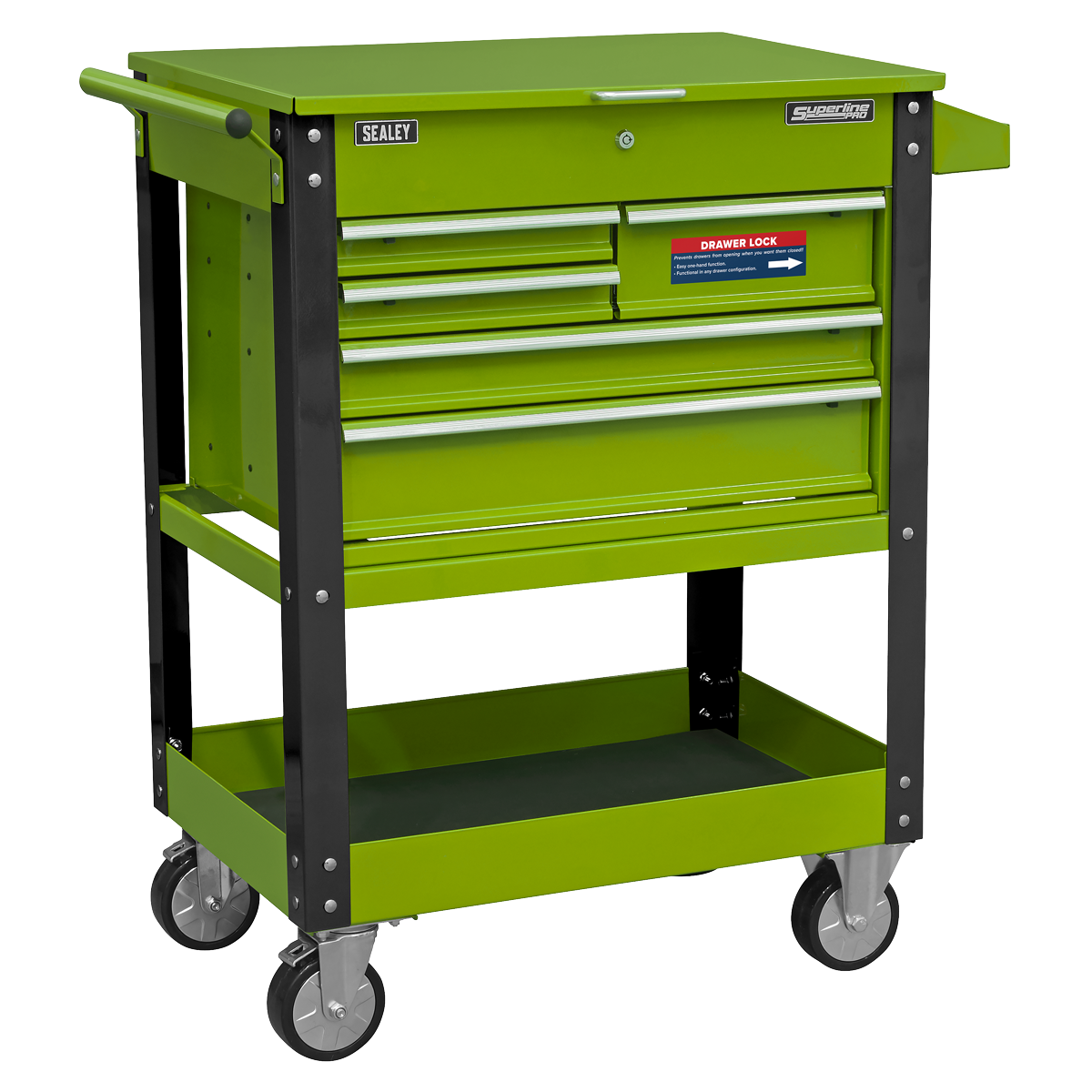 Sealey Superline PRO® Heavy-Duty Mobile Tool & Parts Trolley with Lockable Top & 5 Drawers - Hi-Vis Green AP890MHV