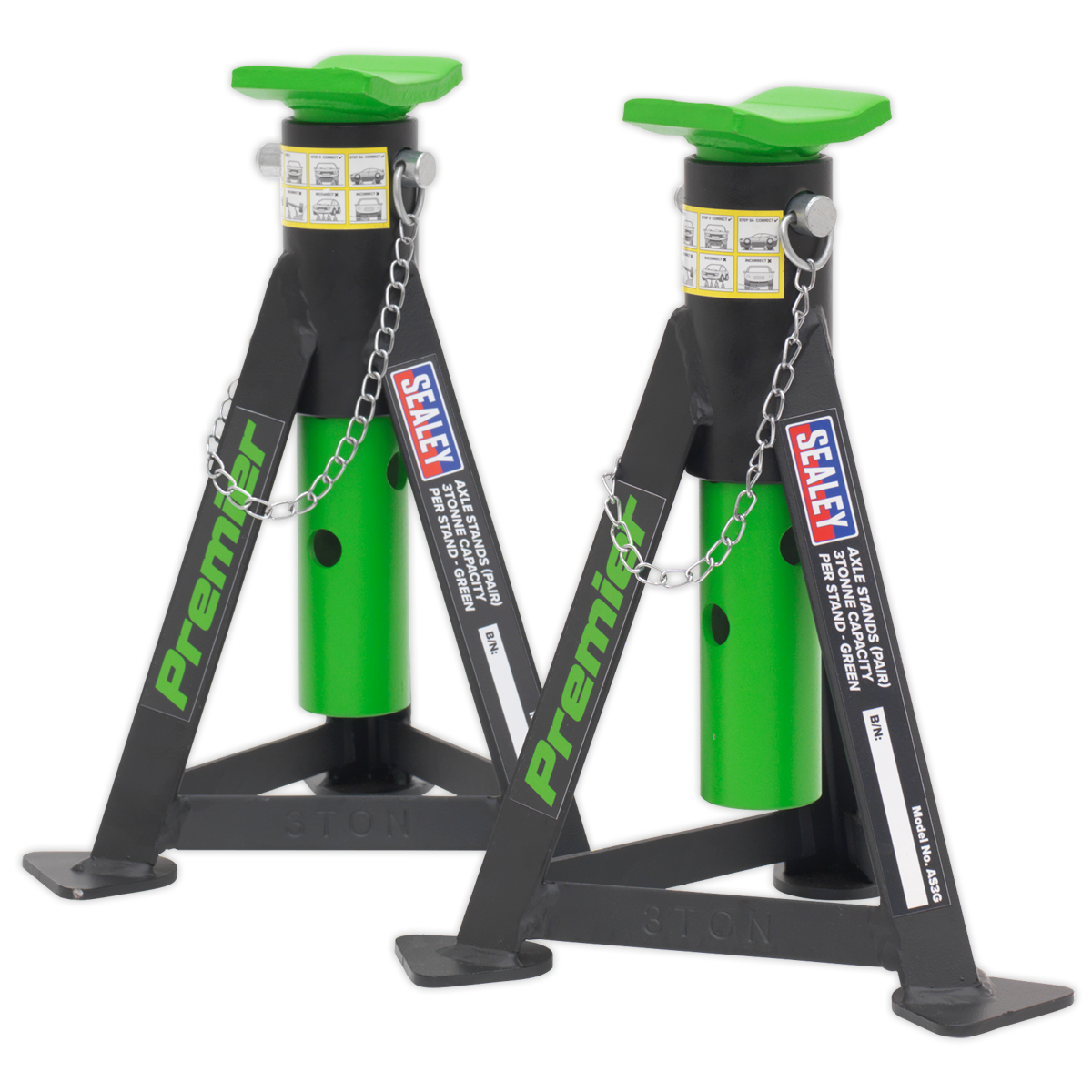 Sealey Premier Axle Stands (Pair) 3 Tonne Capacity per Stand - Green AS3G