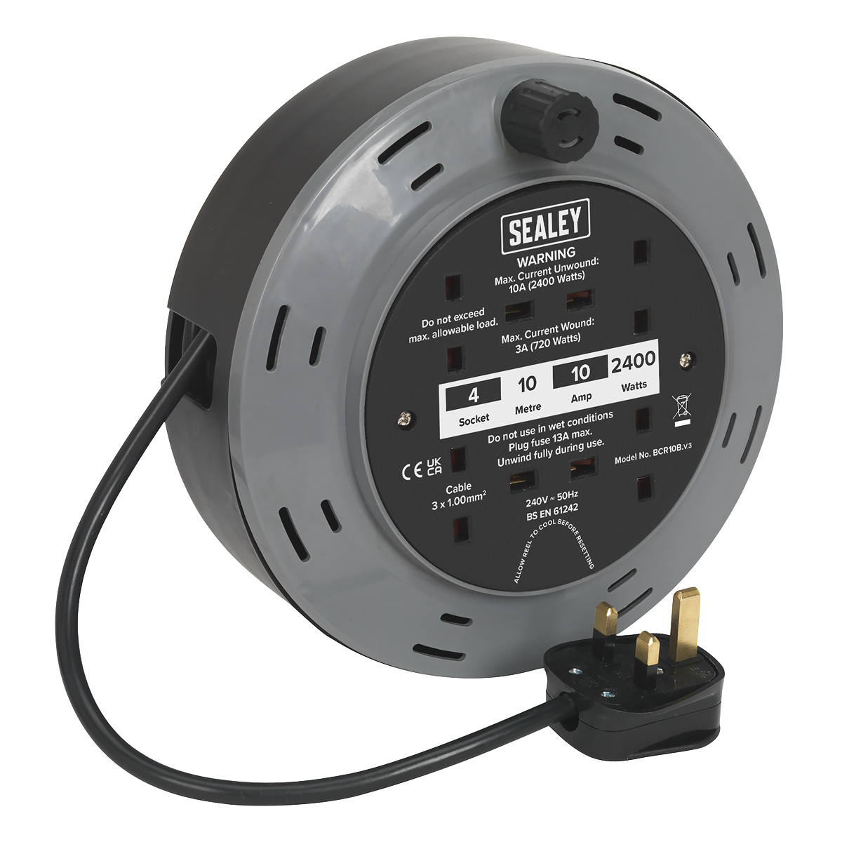 Sealey 10m Cassette Type Cable Reel with Thermal Trip 4 x 230V BCR10B