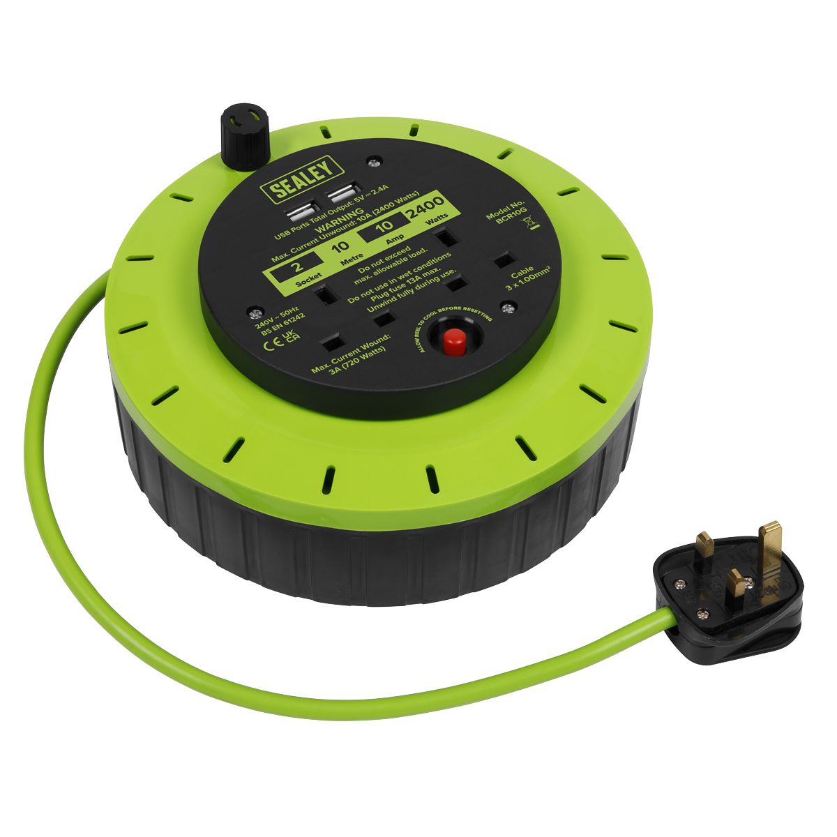 Sealey 10m Cassette Type Cable Reel with Thermal Trip 2 x 230V & 2 x USB - Hi-Vis Green BCR10G