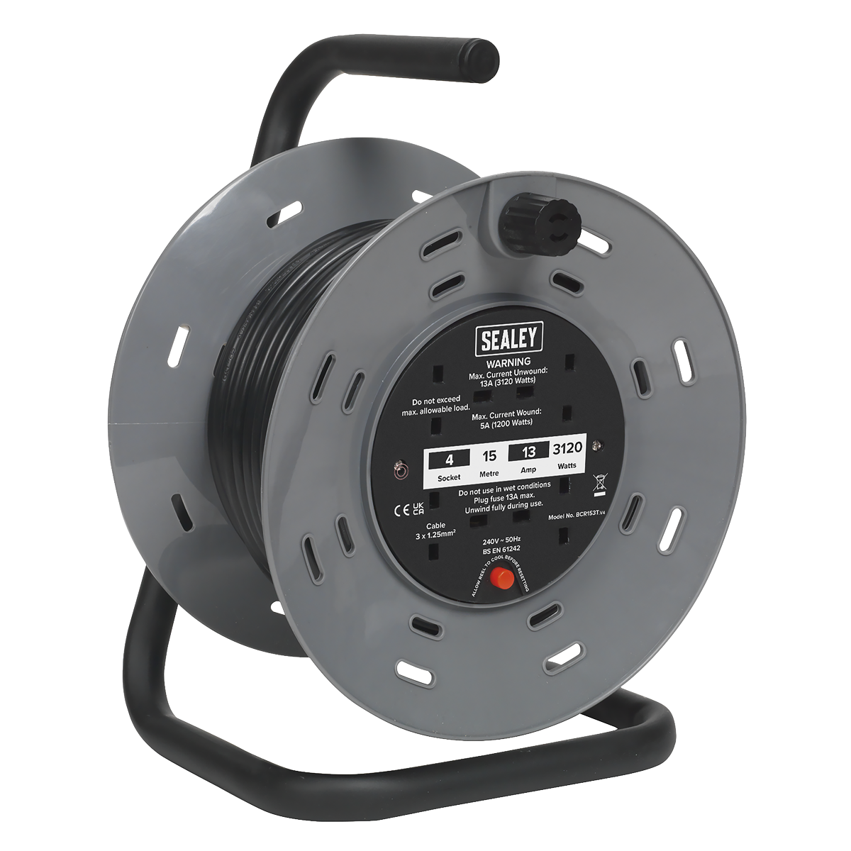Sealey 15m Cable Reel with Thermal Trip 4 x 230V BCR153T