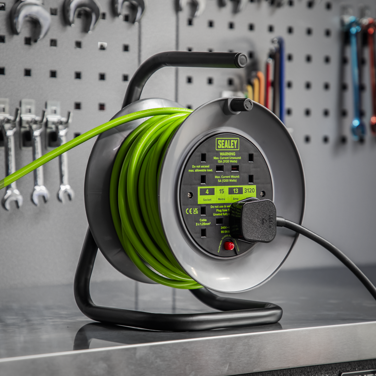 Sealey 15m Cable Reel with Thermal Trip 4 x 230V - Hi-Vis Green BCR153TG