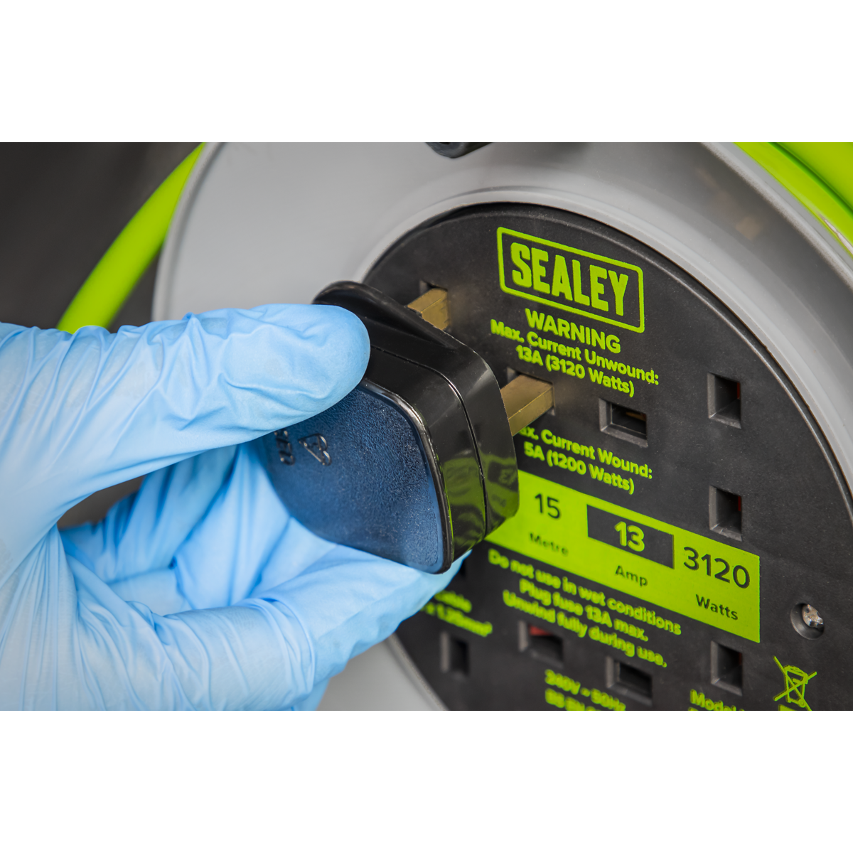 Sealey 15m Cable Reel with Thermal Trip 4 x 230V - Hi-Vis Green BCR153TG
