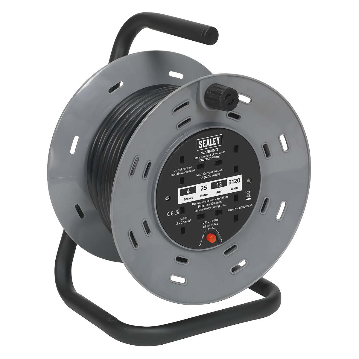 Sealey 25m Cable Reel with Thermal Trip 4 x 230V BCR2525