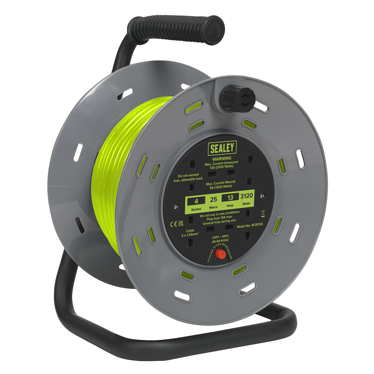 Sealey 25m Cable Reel with Thermal Trip 4 x 230V - Hi-Vis Green BCR25G