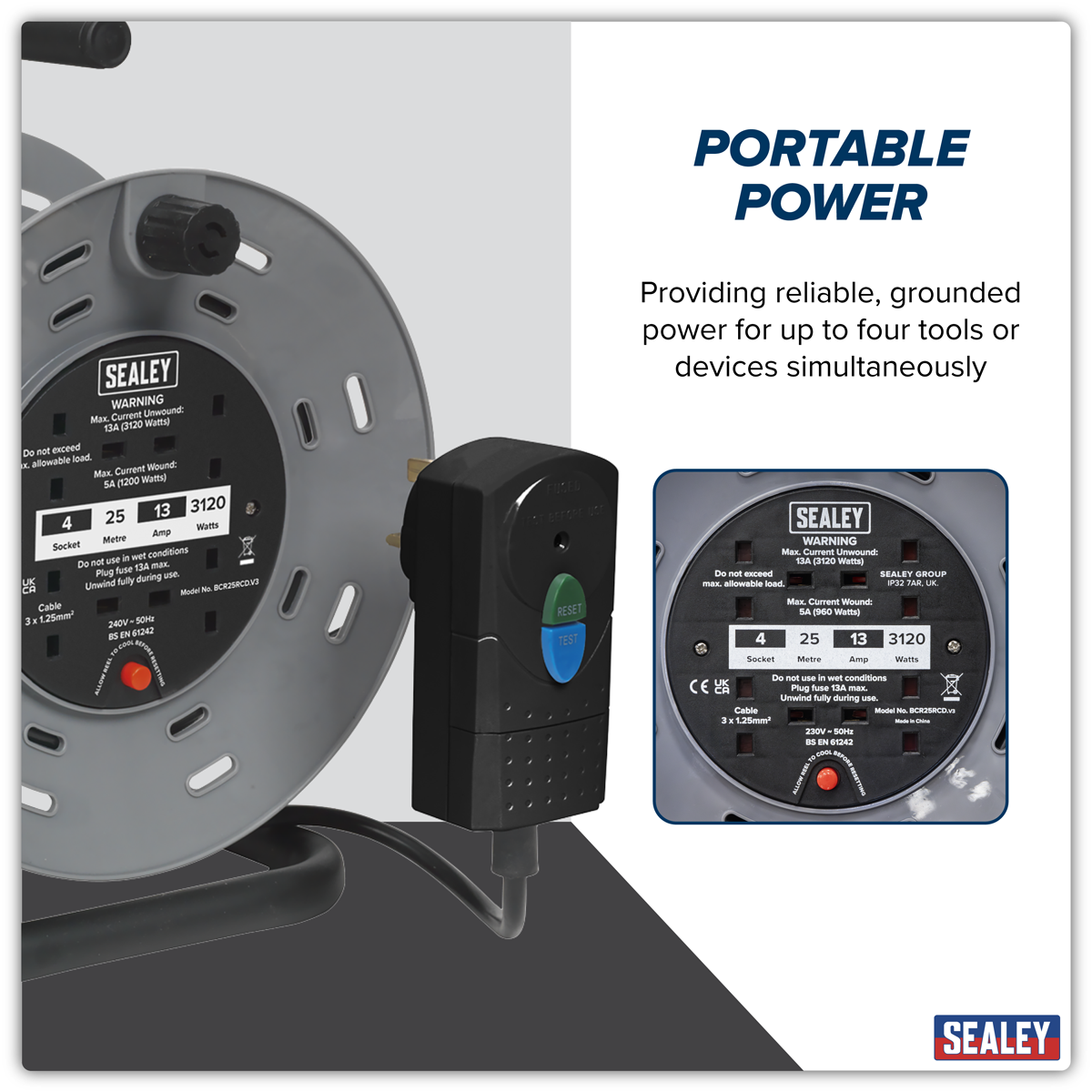 Sealey 25m Cable Reel with Thermal Trip & RCD Plug 4 x 230V BCR25RCD