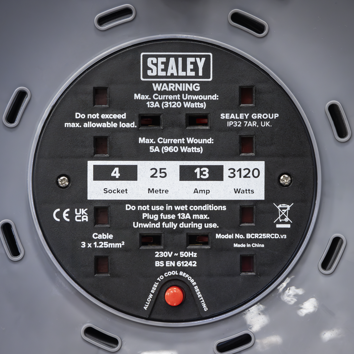 Sealey 25m Cable Reel with Thermal Trip & RCD Plug 4 x 230V BCR25RCD