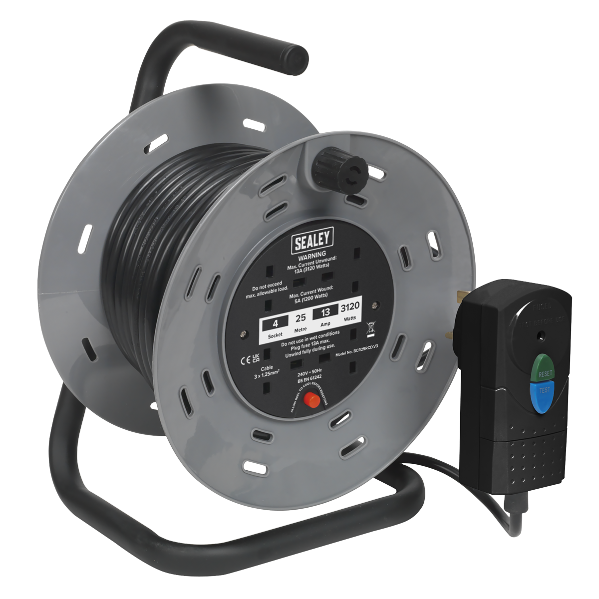 Sealey 25m Cable Reel with Thermal Trip & RCD Plug 4 x 230V BCR25RCD
