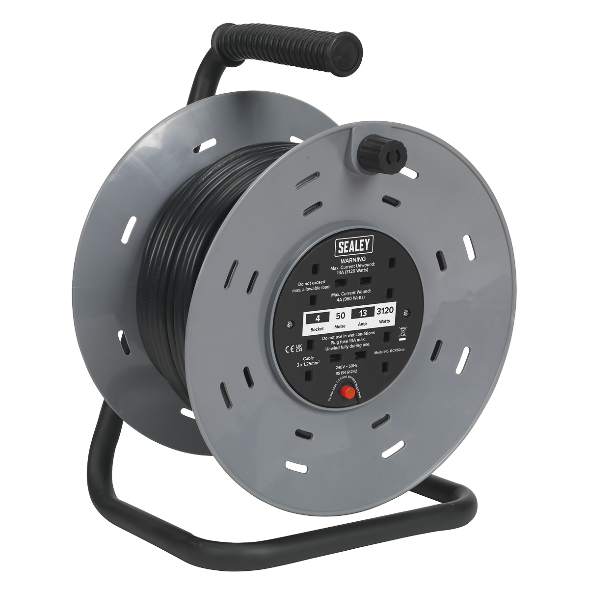 Sealey 50m Cable Reel with Thermal Trip 4 x 230V BCR50