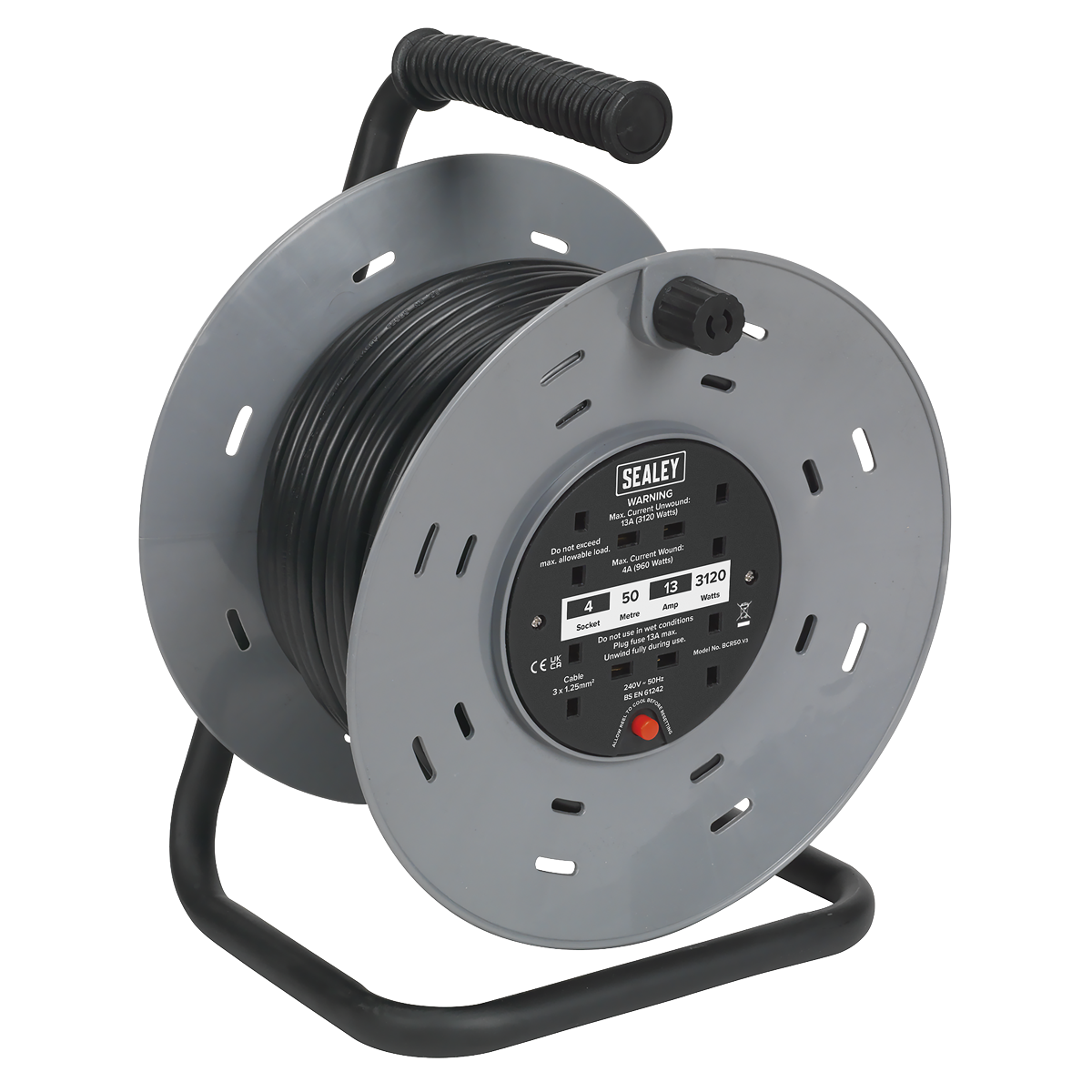 Sealey 50m Cable Reel with Thermal Trip 4 x 230V BCR50
